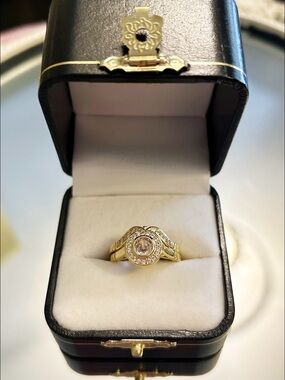 Gold Halo Wedding Set with Clear Center Stone